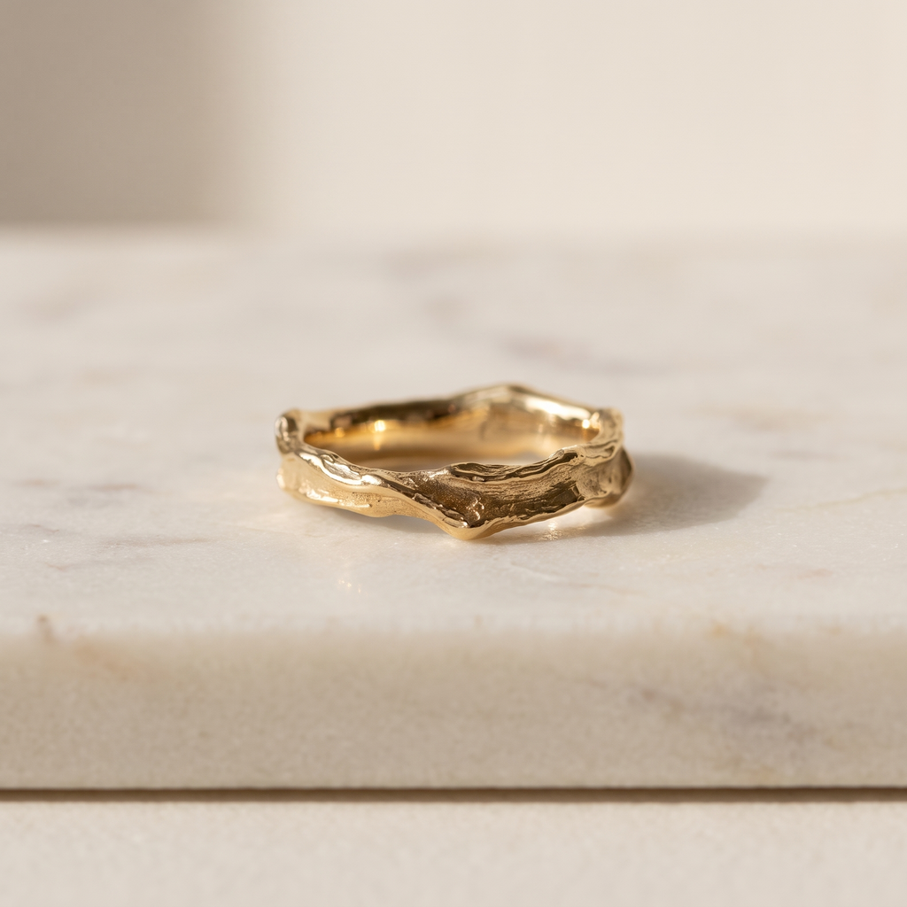 Lava Textured Band Ring in 18K gold plating, lying on white marble