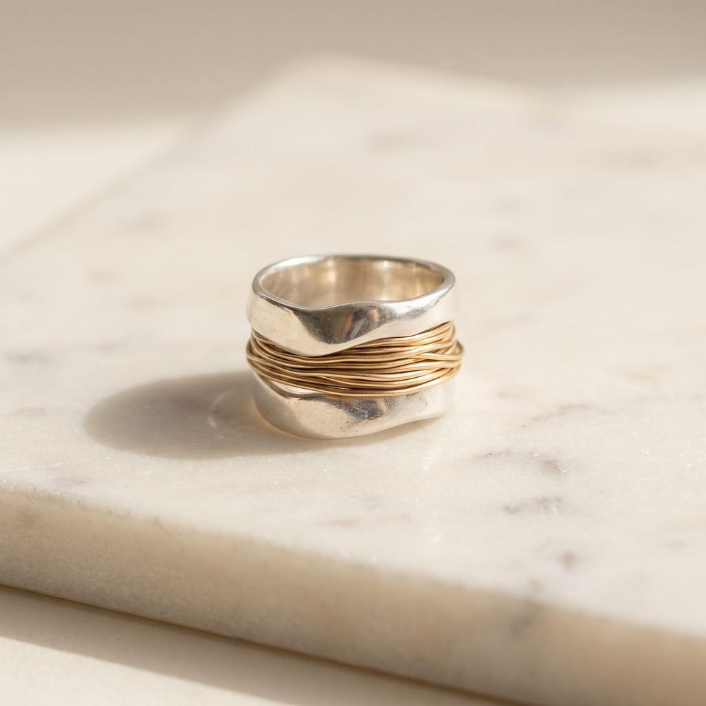 Two-tone gold and silver wide band ring, lying on white marble