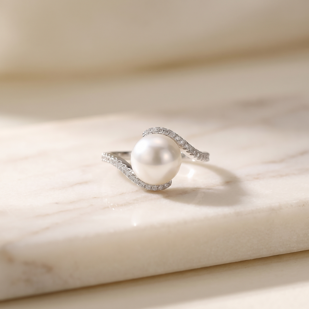 10mm baroque freshwater pearl ring on sterling silver, lying on white marble