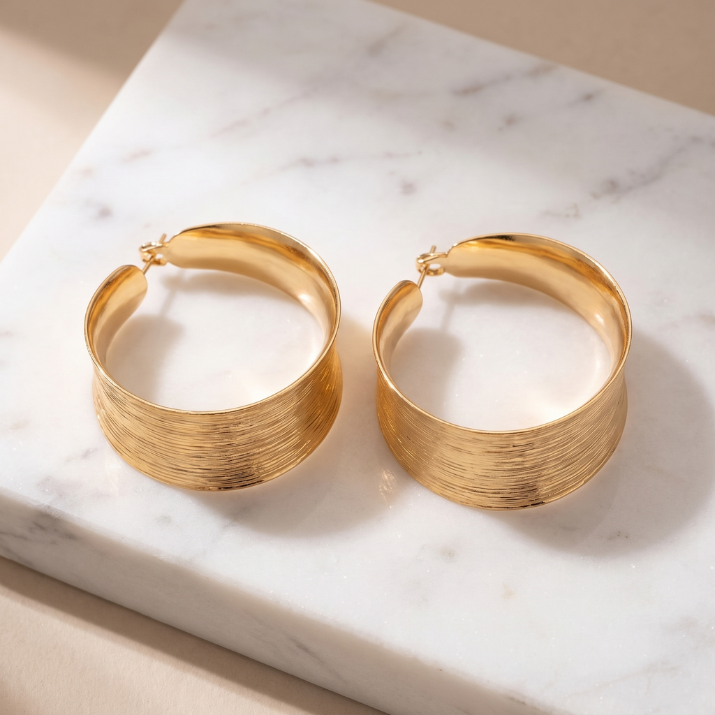 Brushed gold crescent hoop earrings on white marble
